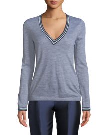 Gabriela Hearst Alba V-Neck Long-Sleeve Cashmere Sweater w  Striped Trim at Neiman Marcus